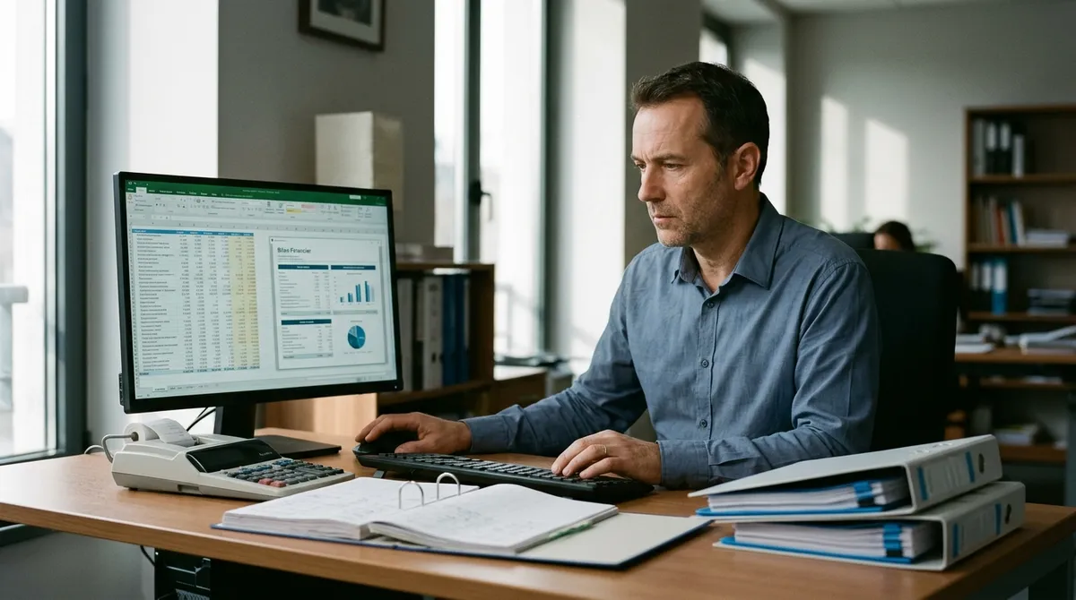 Expert-comptable vérifiant un bilan et un tableur de chiffres à l'écran