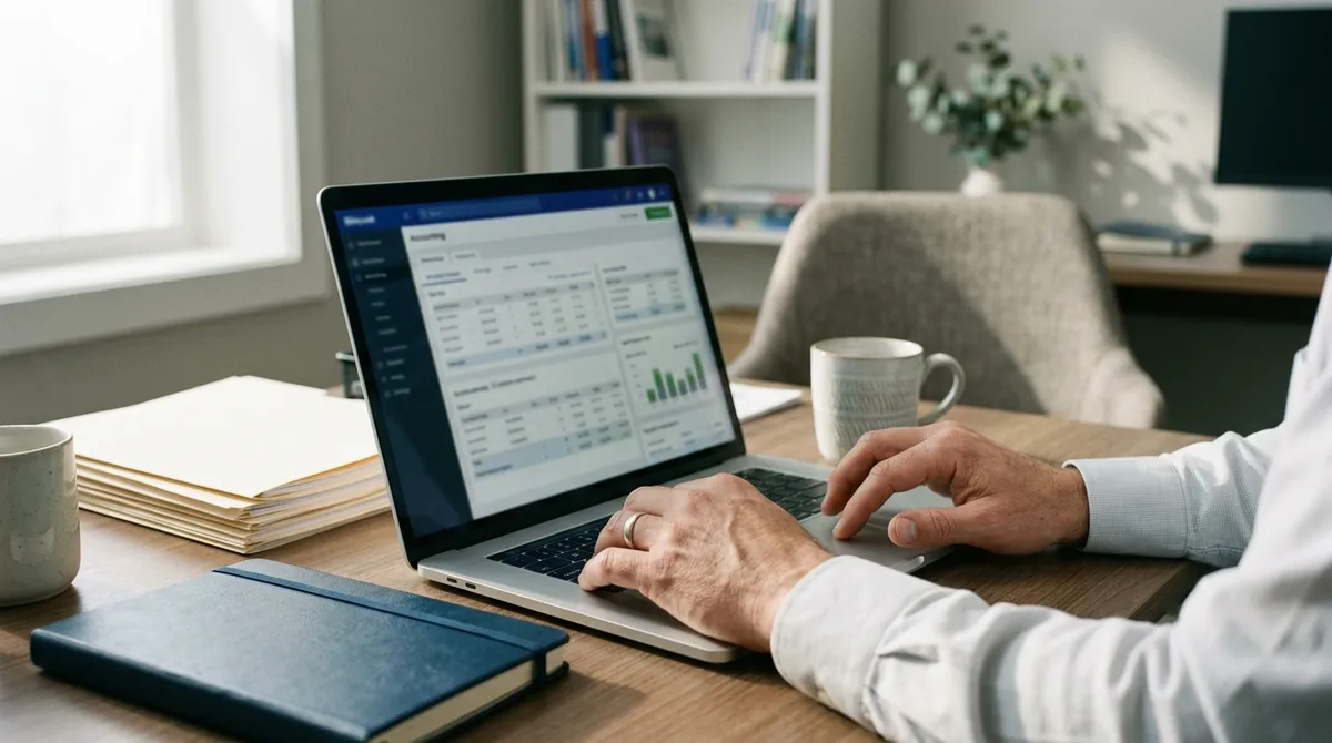Mains d’un expert-comptable devant un logiciel comptable