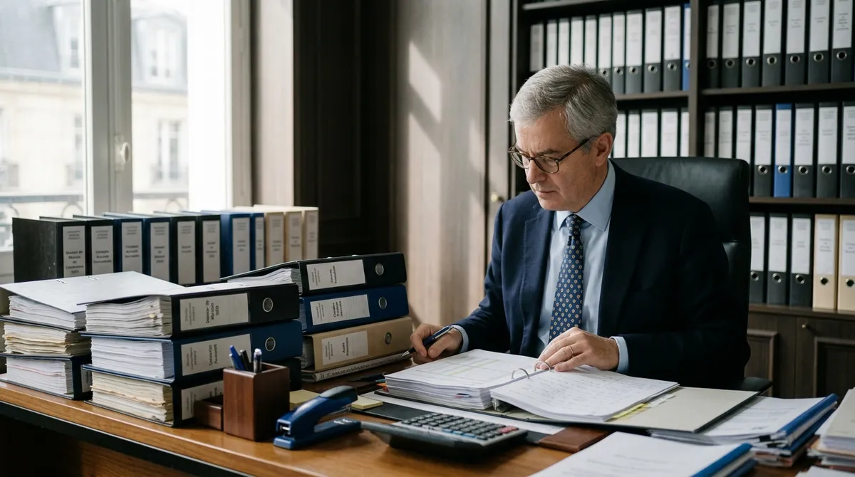 Expert-comptable préparant un dossier de commissariat aux comptes